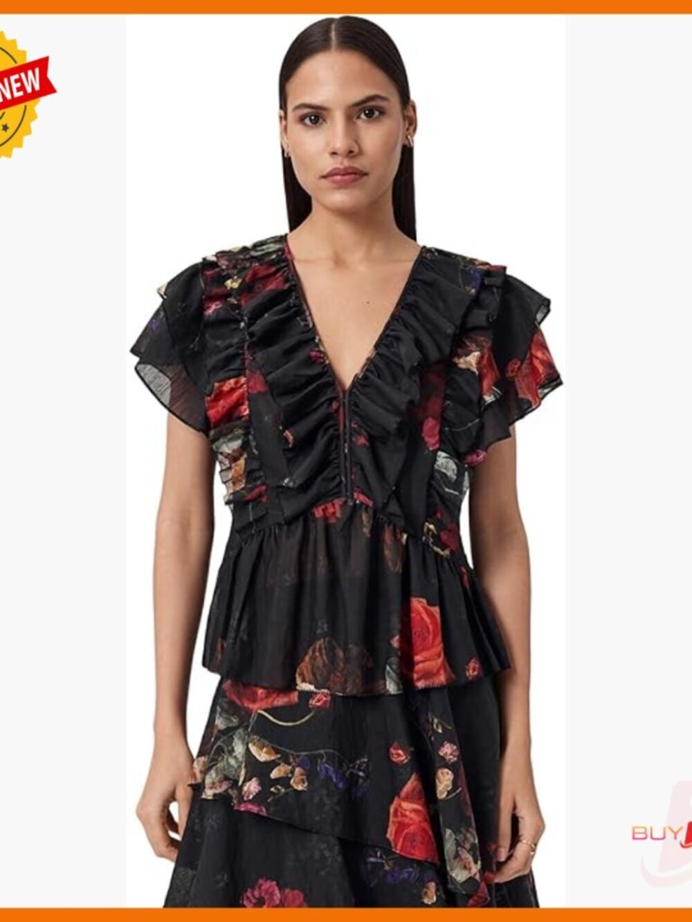 V-Neck Short Sleeve T-Shirt, Regular Fit, Floral Pattern, Premium Fabric